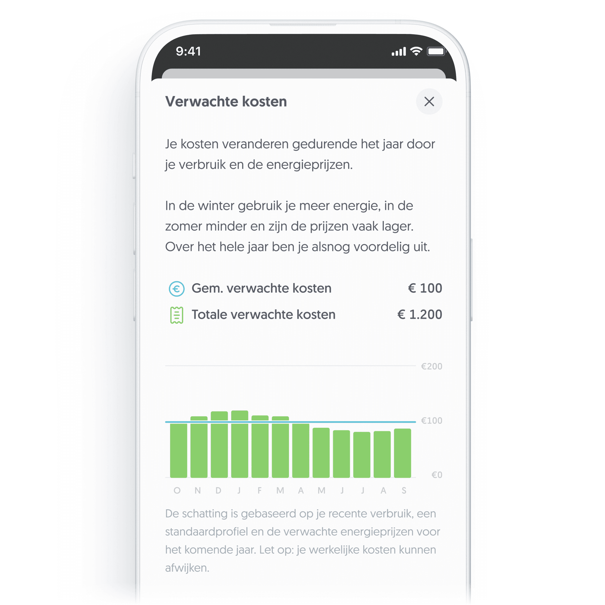 De verwachte kosten vind je in de app onder de tab "Regelen"